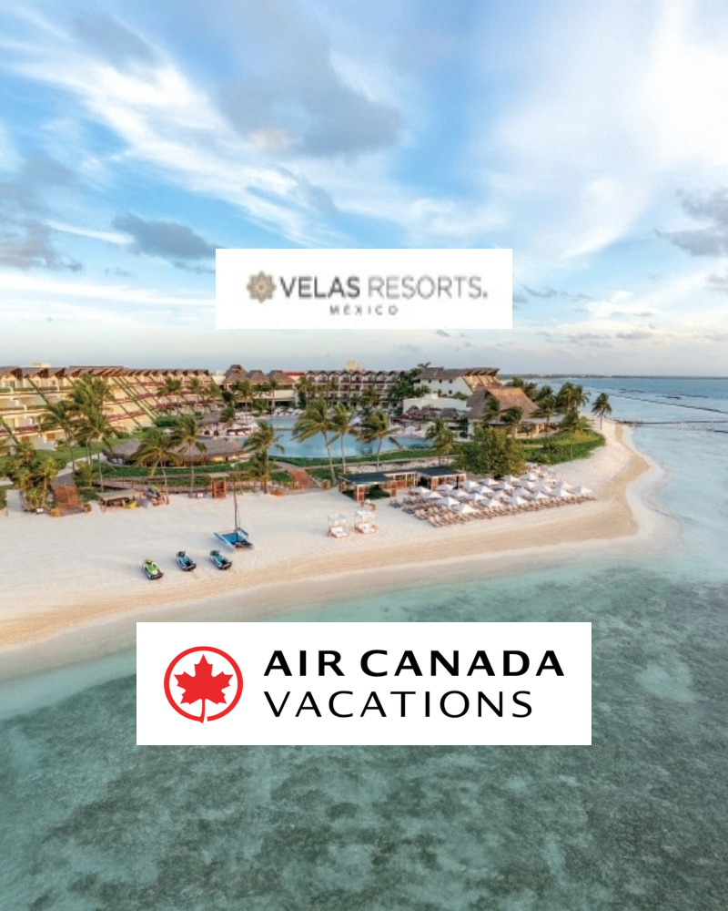 Aerial view of Velas Resorts in Mexico, featuring sandy beach, palm trees, ocean, and logos of Velas Resorts and Air Canada Vacations.