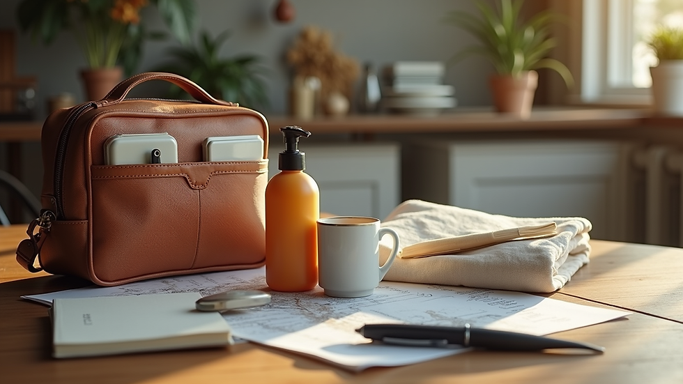 Eye-level view of a neatly organized travel essentials kit on a wooden table