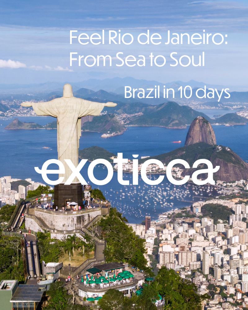 Christ the Redeemer overlooks Rio with sea, cityscape. Text reads: Feel Rio de Janeiro: From Sea to Soul, Brazil in 10 days, exoticca.