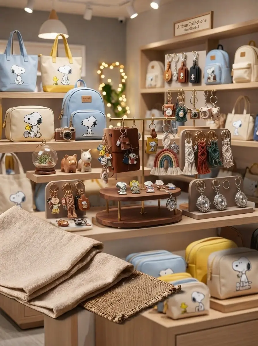 Studio photography of a retail shelf displaying an assortment of Snoopy-themed bags, keychains, and accessories. The display is warm and inviting, capturing a charming character-themed shopping boutique.