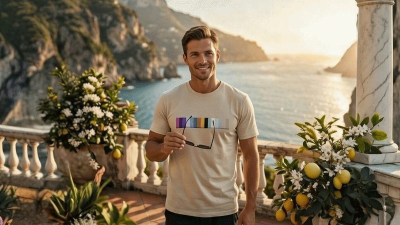 Model T-Shirt kleine Farbfelder auf Terrasse GIF.gif