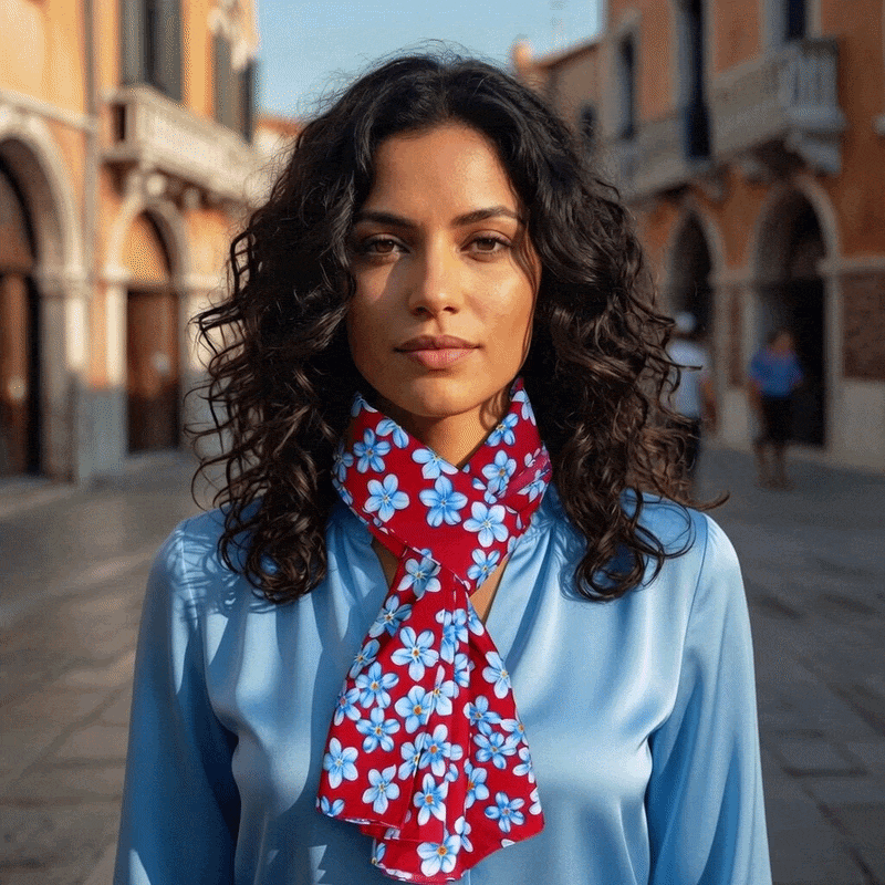 Modell mit Seidenschal Vergissmeinnicht GIF.gif