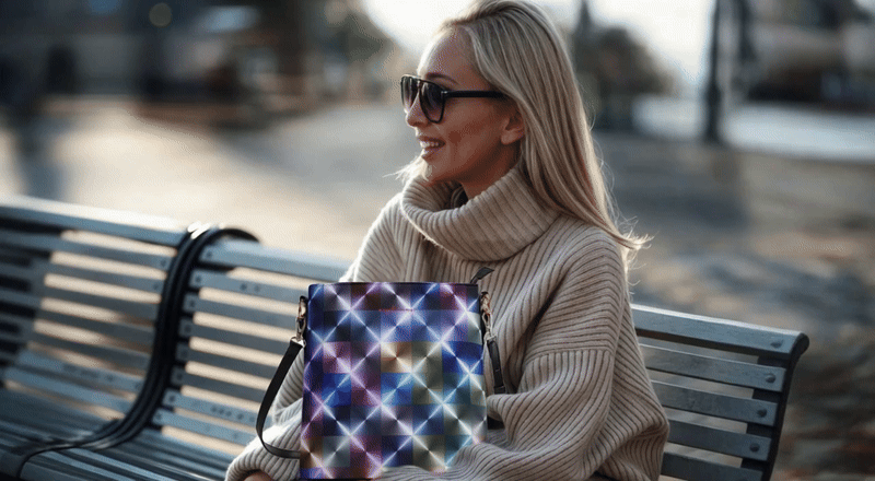 Model mit Beuteltasche Metall-Reflex.gif