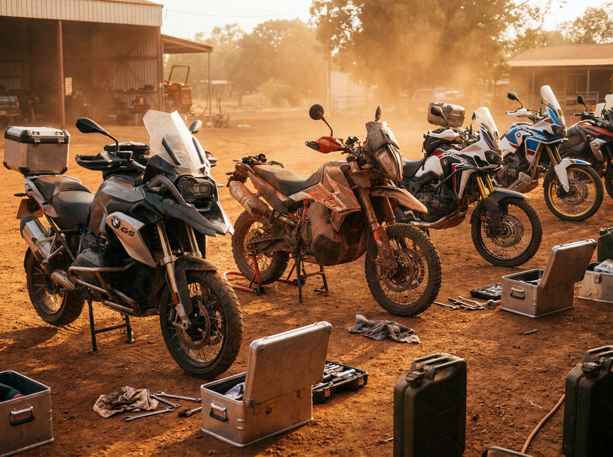 Bikes on stands in the yard being prepped — one still caked in mud.