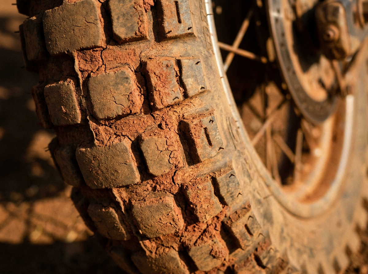 Mud-packed knobbly tyre, laterite baked into every tread block.
