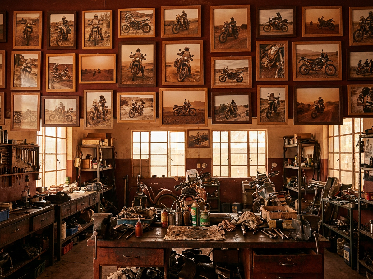Framed dust-trophy prints lining the shop wall above the workbench.