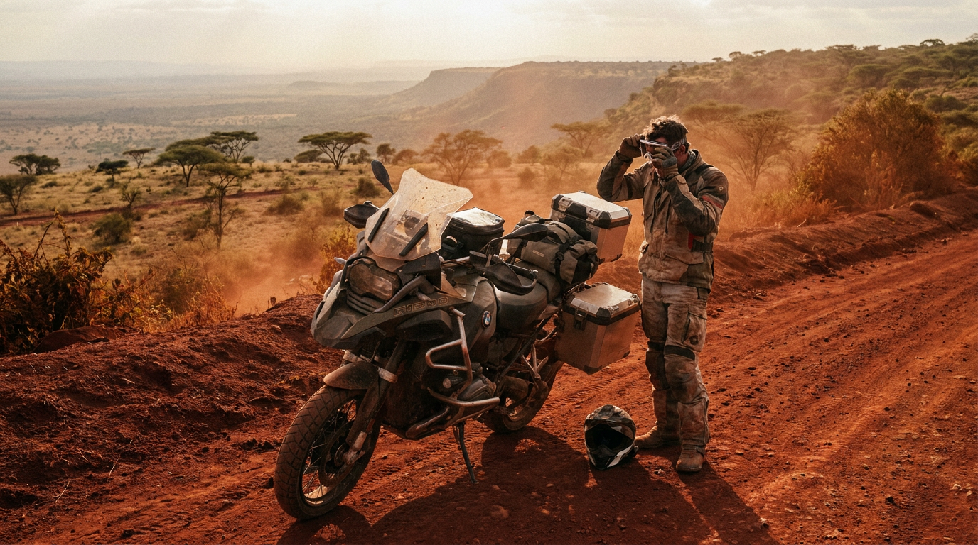 A dust-coated adventure motorcycle on a red laterite Rift Valley trail at golden hour, rider standing beside it