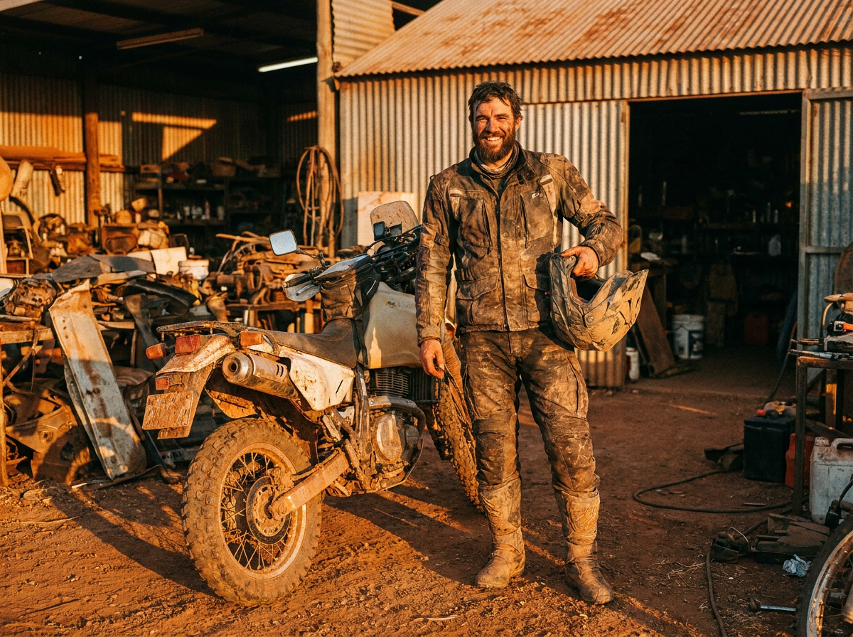 A rider grinning beside their filthy bike, helmet in hand.