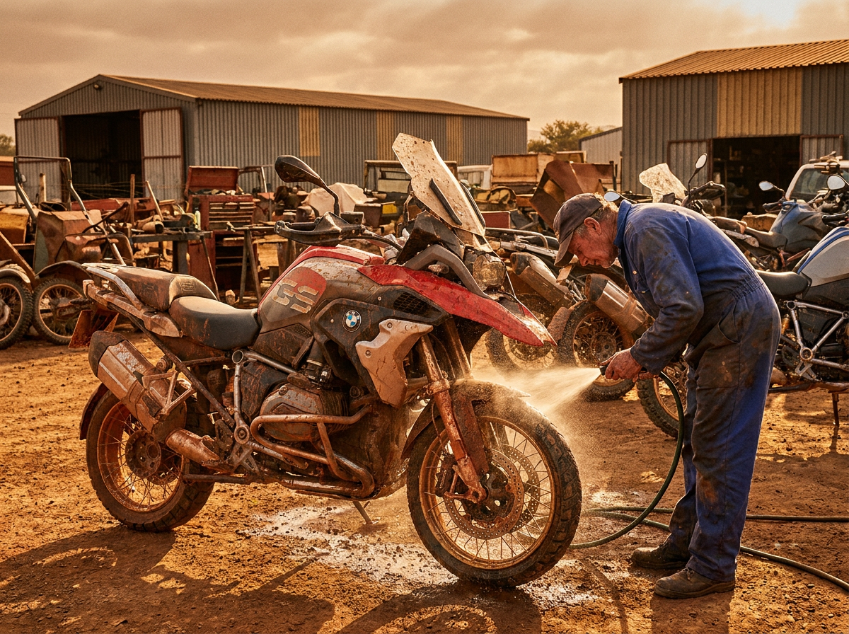 A returned bike caked in red mud, forks being hosed down in the yard.