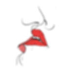 Illustration of a face with red lips biting a lip. Minimalist style, black and red lines on a white background, conveying a sensual mood.