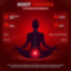 Silhouette meditating on a red background, labeled "Root Chakra," with text details on location, color, element, mantra, and functions.