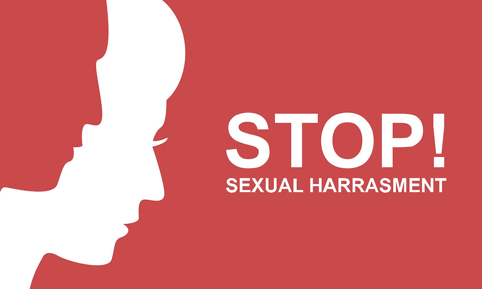 Silhouette of a face on red background with white text reading "STOP! Sexual Harassment." Emphasizes urgency and awareness.