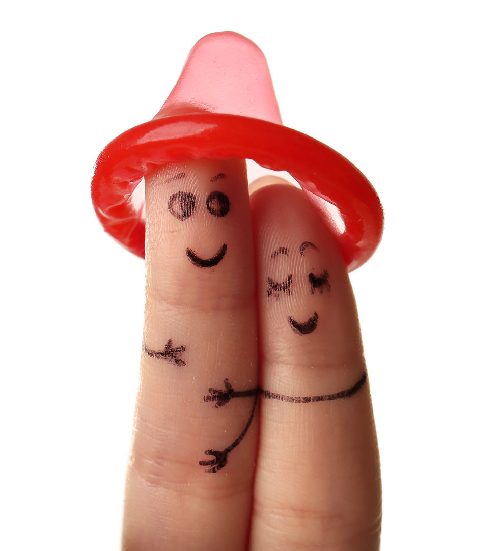 Two fingers with smiley faces and drawn arms hug, wearing a red condom on one finger. White background, playful mood.