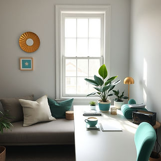 a room with window, some gold and turquoise accessories, day light, a sofa, a desk with ma