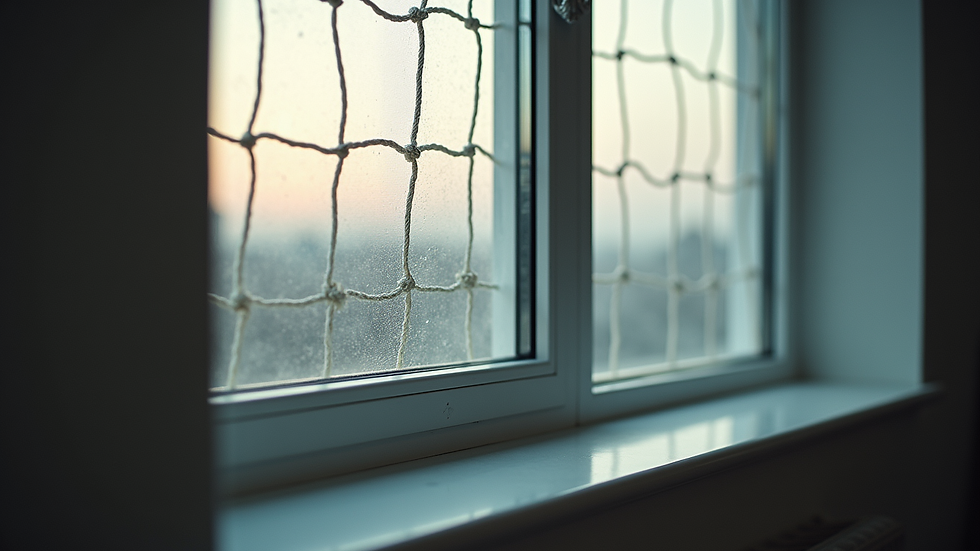 Close-up view of a window with a secure safety net installed