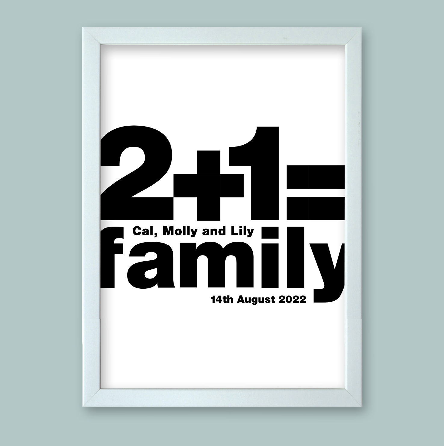 Personalised word art presented in a white modern picture frame