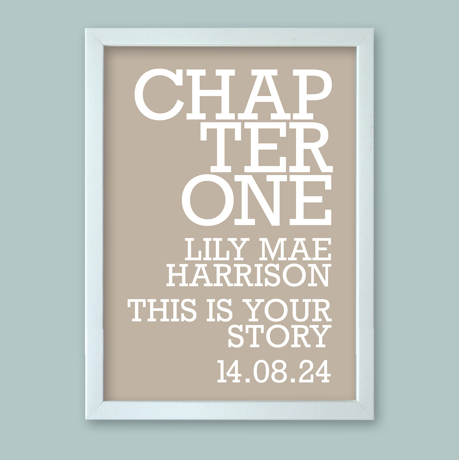 Personalised word art presented in a white modern picture frame