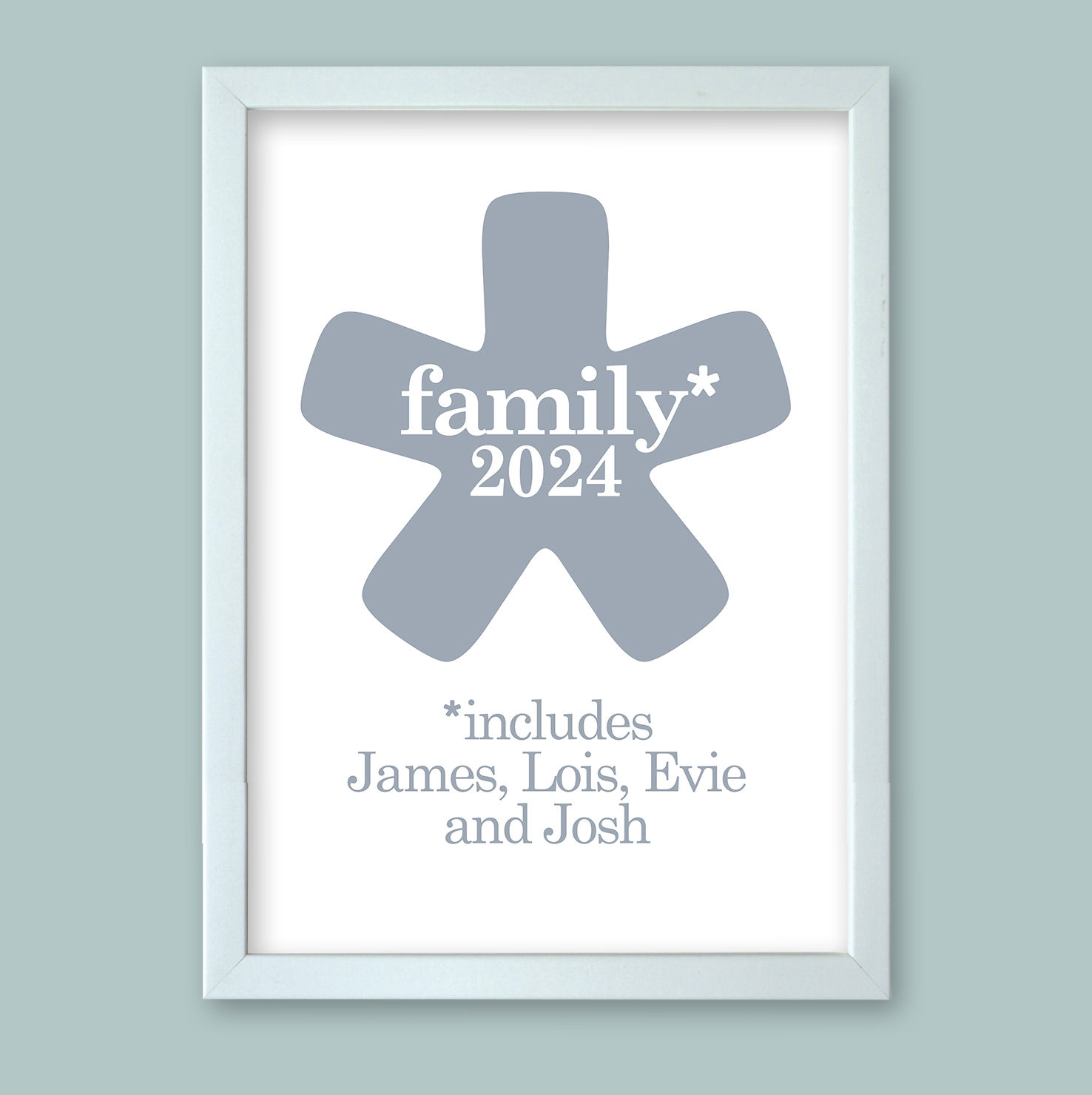 Personalised word art presented in a white modern picture frame