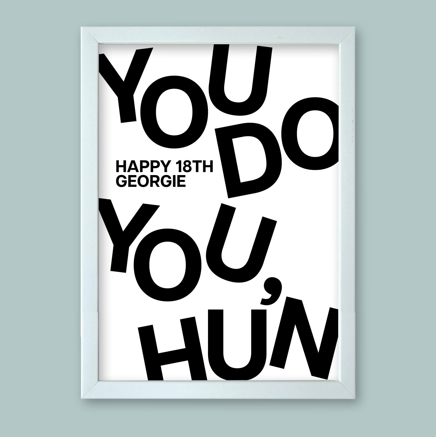 Personalised word art presented in a white modern picture frame