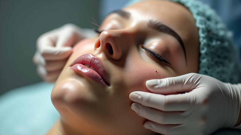Eye-level view of acupuncture needles placed on a patient's face for cosmetic treatment