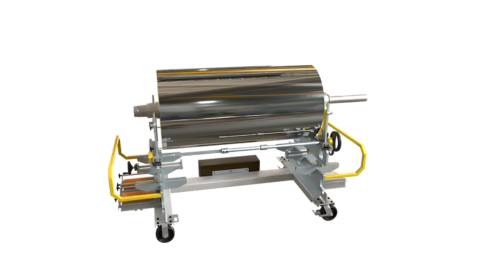Shiny industrial roller machine on a wheeled frame with yellow guards, isolated on a black background.