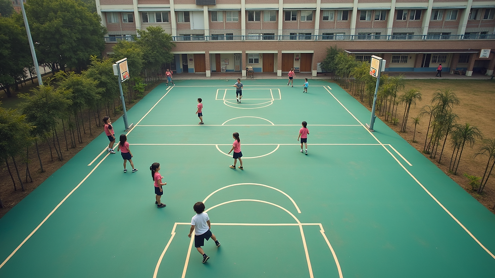 High angle view of a school playground with students engaging in sports activities