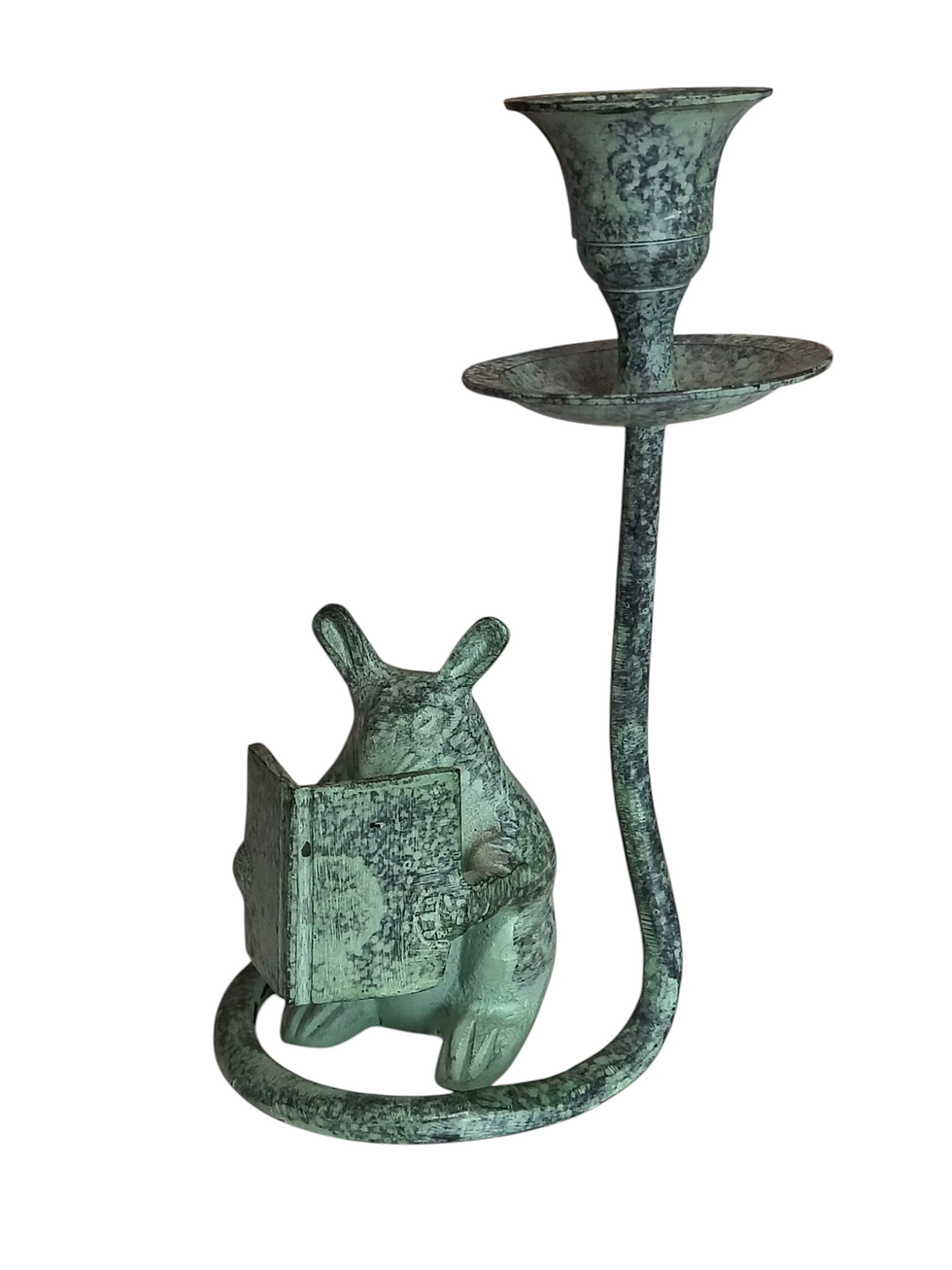 Archana Crafts Mouse Reading Book Candlestick Holder 5" Bronze Patina Figurine