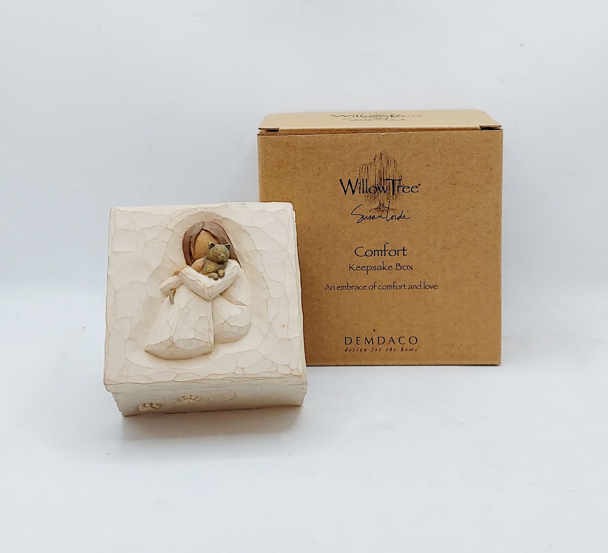 2003 Willow Tree Comfort Keepsake Memory Trinket Box Girl & Cat Paw Prints