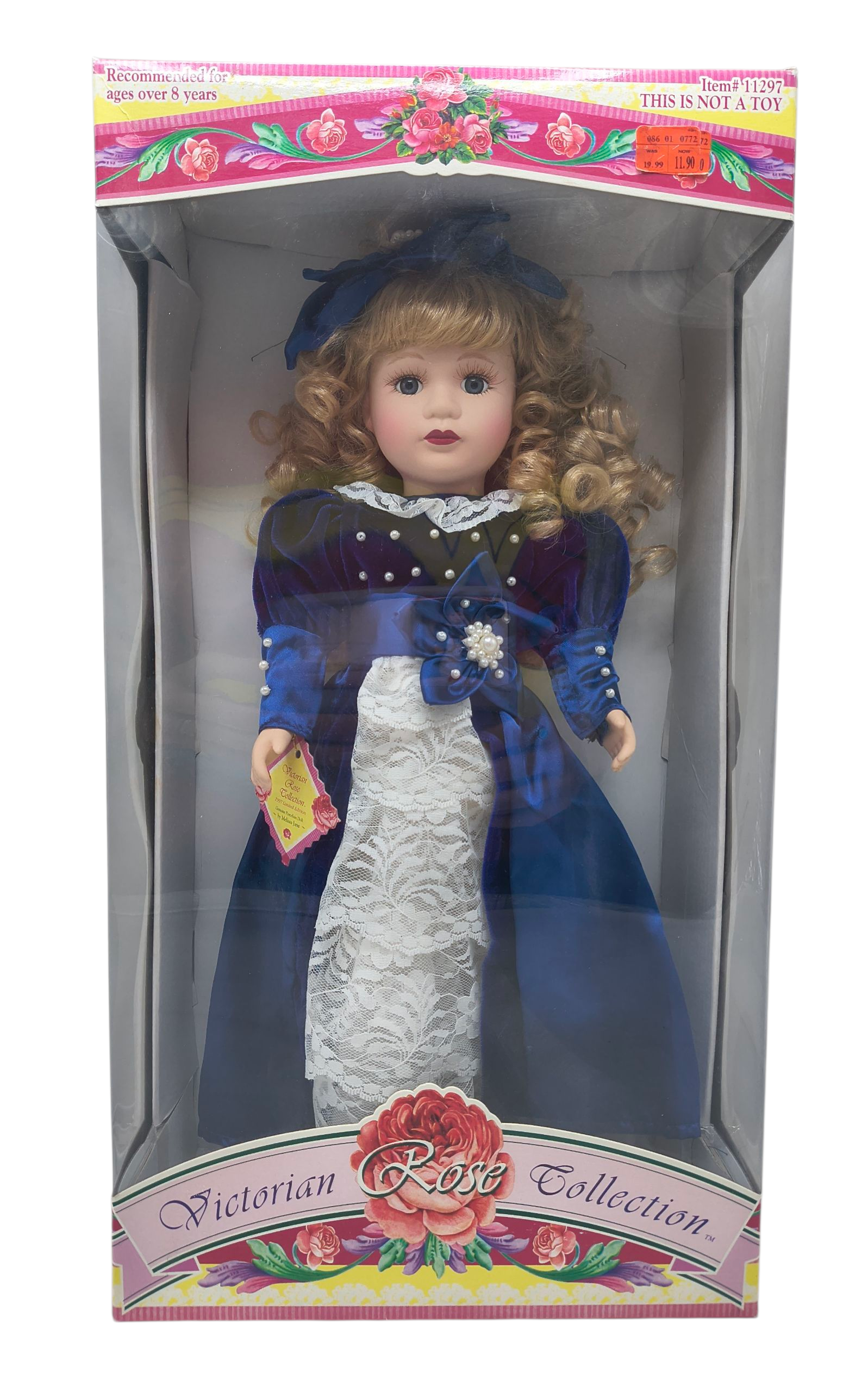 1997 Brass Key Melissa Jane Victorian Rose Blue Dress w/ Flower 16" Blonde Doll