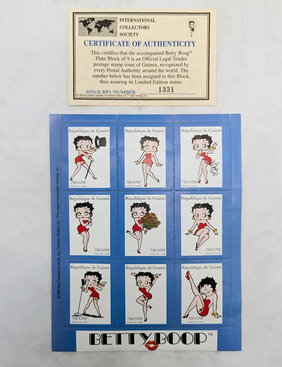 1998 Betty Boop Plate Block of 9 Stamp Collection