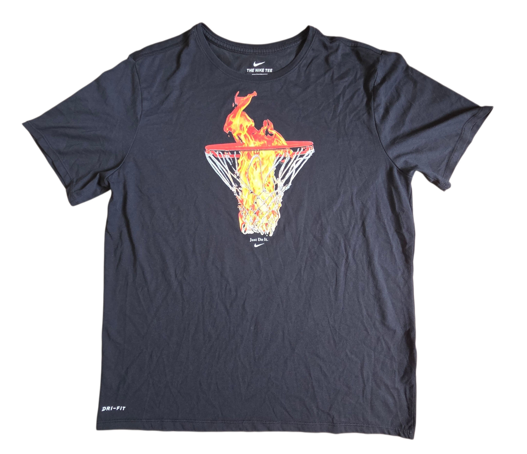 Nike Dri-Fit Flaming Basketball Hoop Black Graphic T-Shirt Size XL