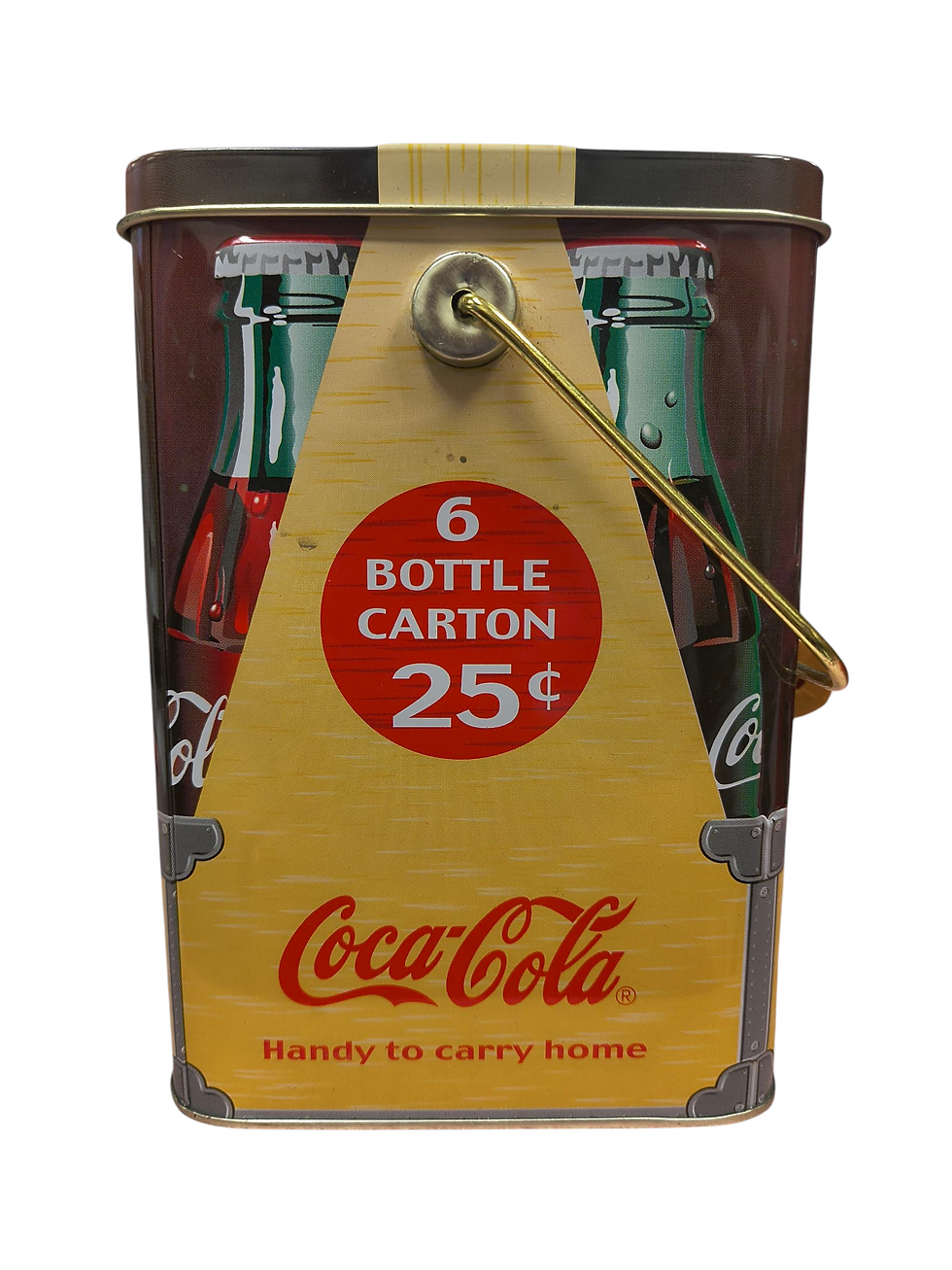 Thumbnail: Coca Cola 25 Cent Bottle Carton Tin Mini Lunch Box With Wood Covered Handle