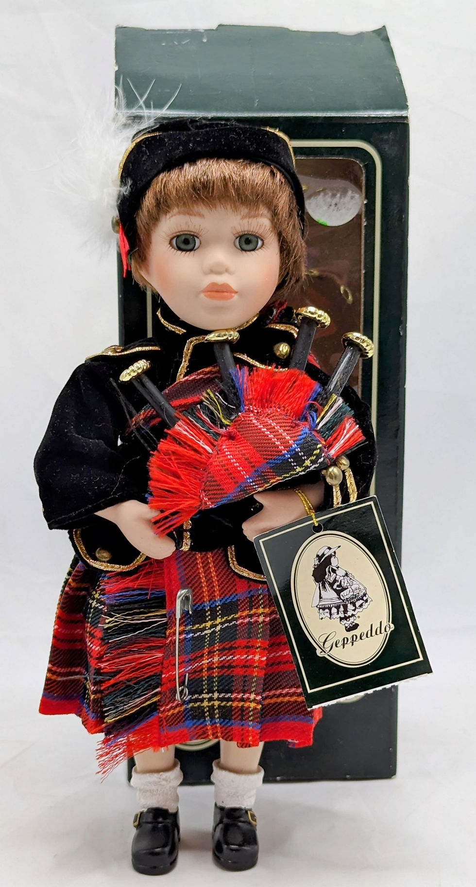 Thumbnail: Vintage Geppedo Scottish Boy Porcelain Doll Gavin Kilt Bagpipe Red Tartan