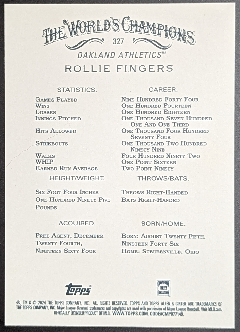 Thumbnail: 2024 Topps Allen & Ginter Hot Box Foil Rollie Fingers #327 Oakland Athletics