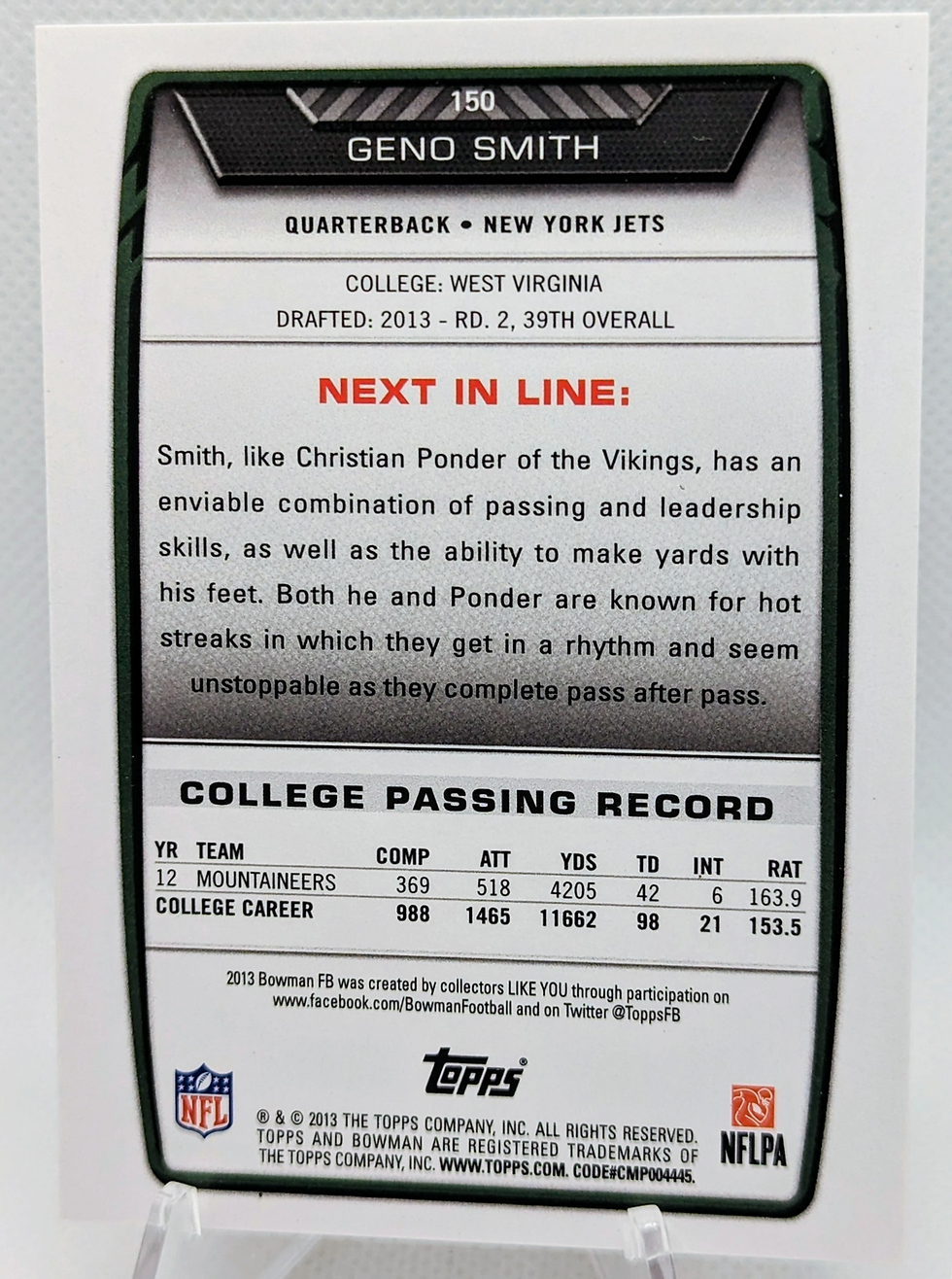 Thumbnail: 2013 Bowman Black Parrallel #150 Geno Smith RC Rookie Jets Seahawks