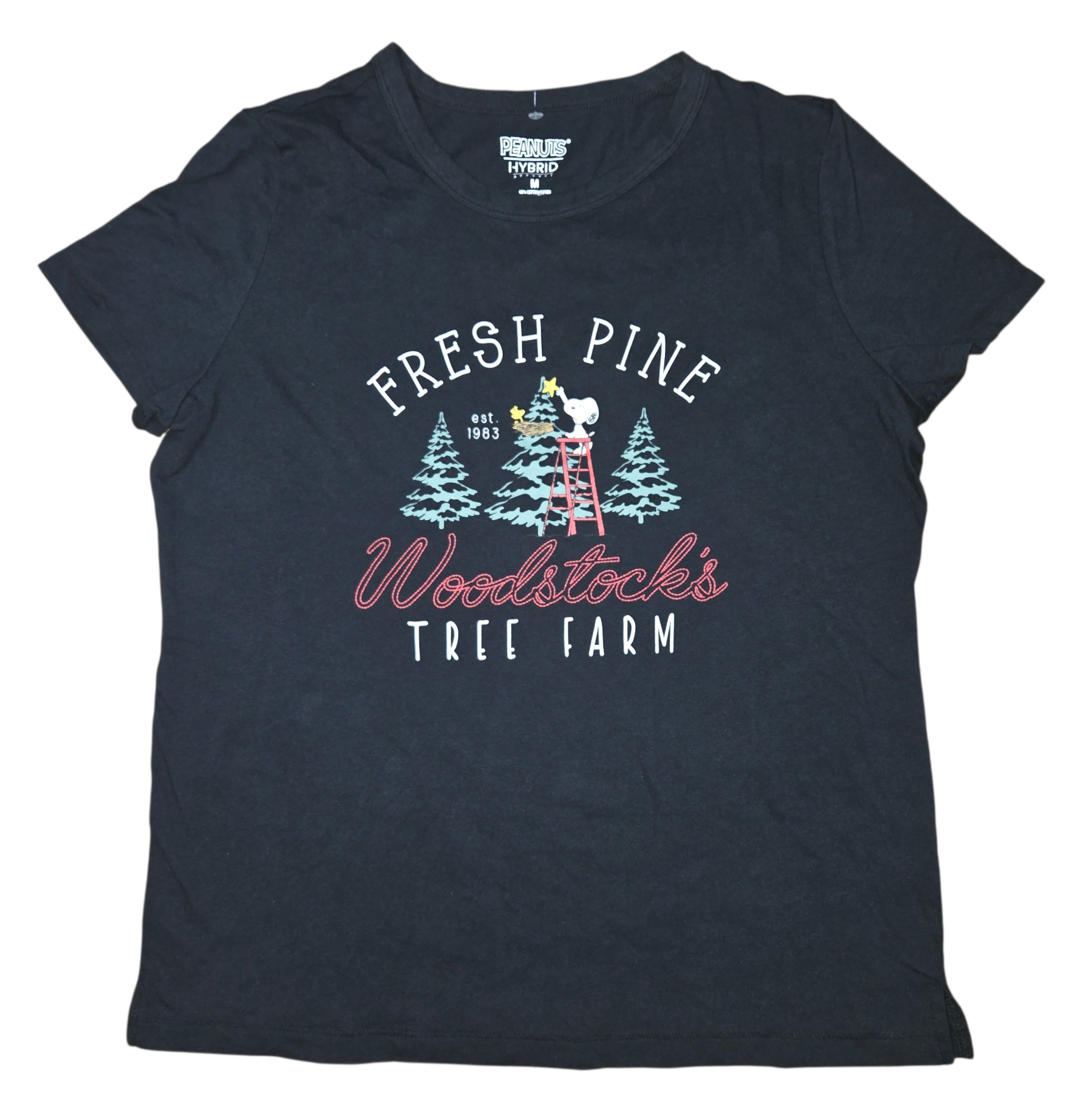Peanuts Snoopy Frest Pine Woodstocks Tree Farm Holiday Black T-Shirt Size Medium