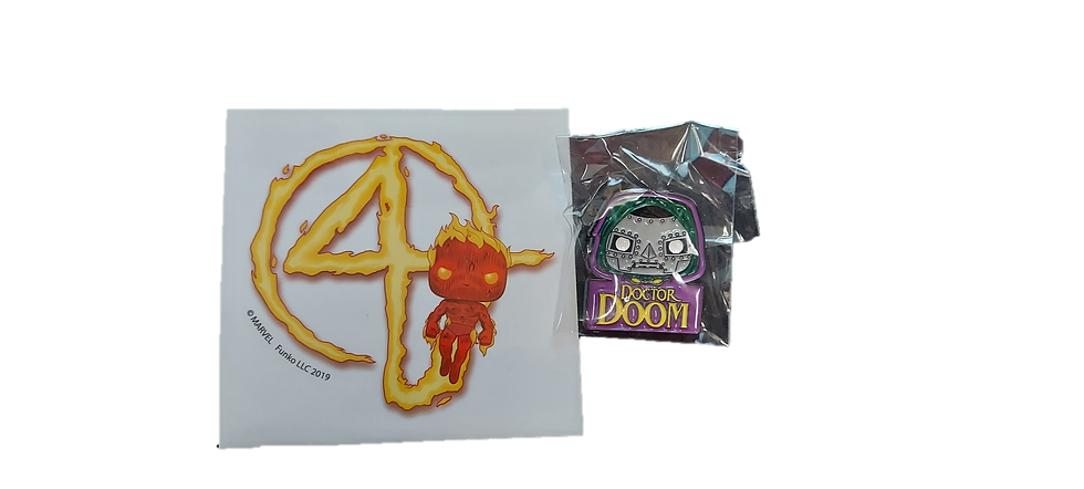Funko Exclusive Fantastic Four Dr Doom Pin And Human Torch Sticker