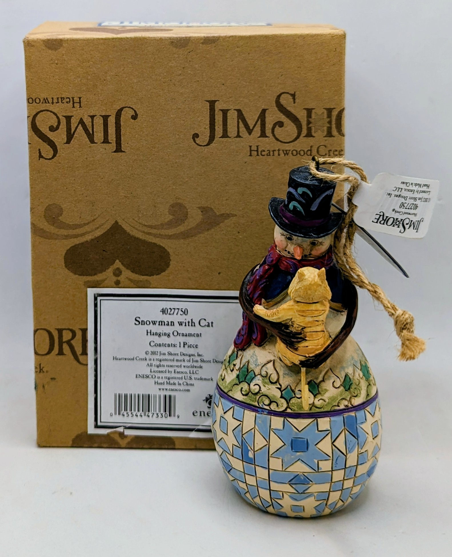 2012 Enesco Jim Shore Heartwood Creek Snowman With Cat 5" Ornament 4027750