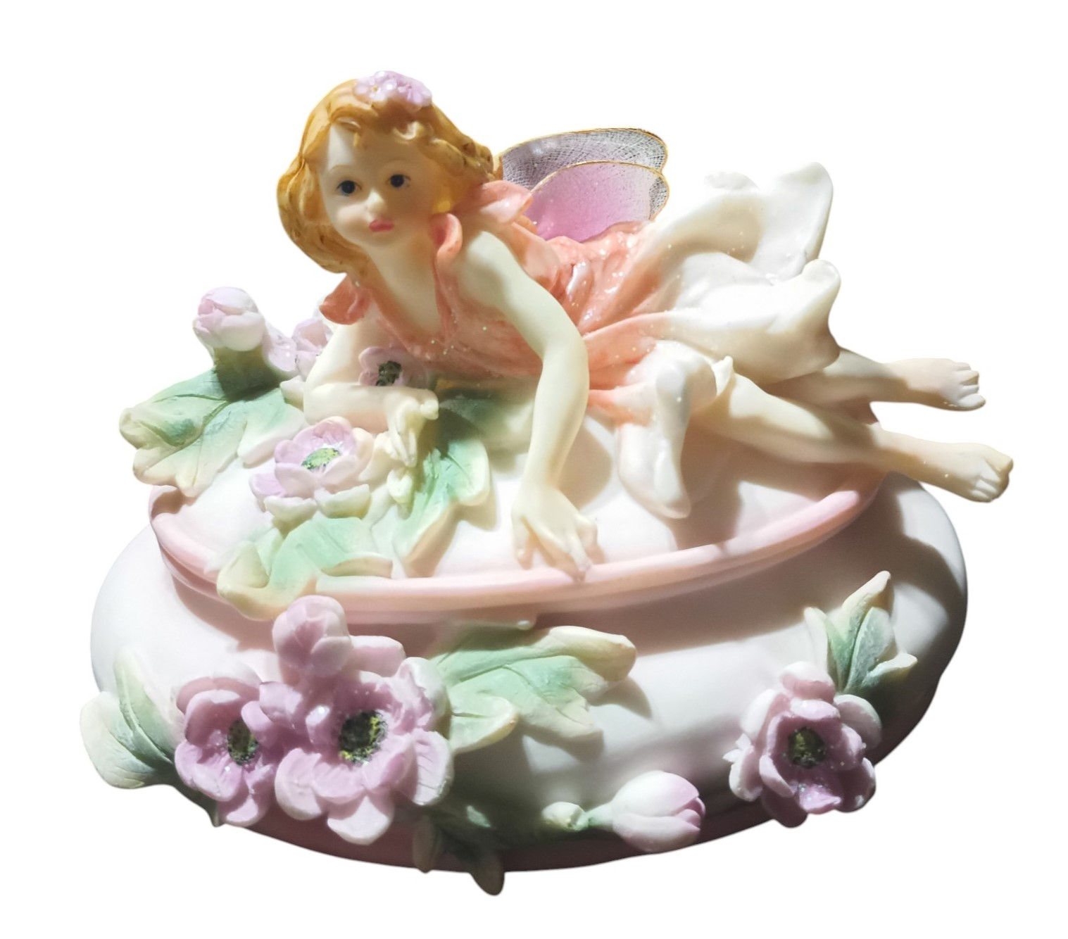 Vintage Montefiori Fairy And Flowers 7" Polyresin Trinket / Jewelry Box