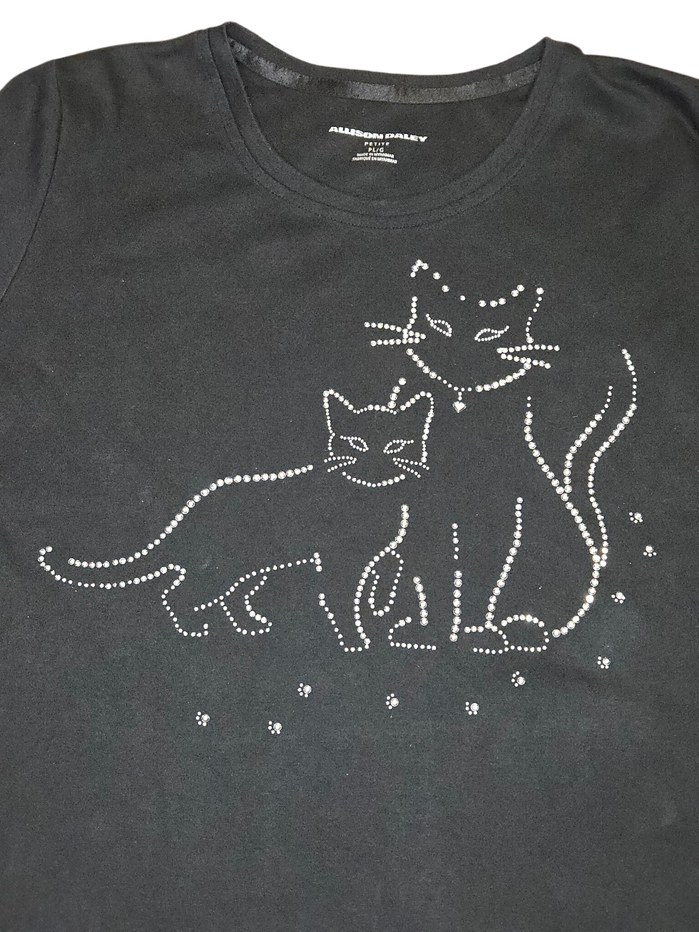 Thumbnail: Allison Daley Rhinestone Cats Graphic Womens Black Shirt Size PL/G Petite
