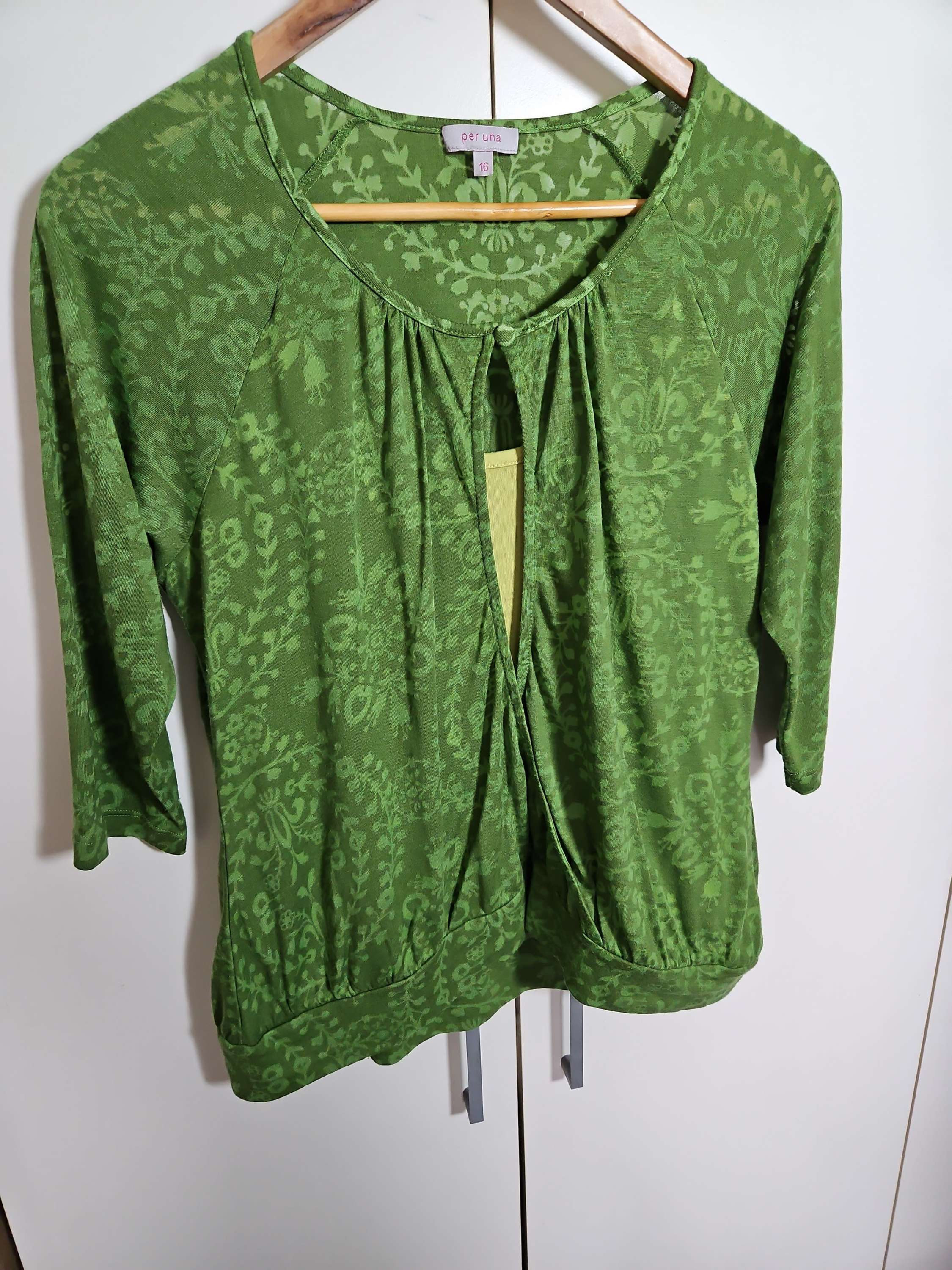 M&S Per Una 3/4 Sleeve Green Floral Jacquard Keyhole Top UK Size 16