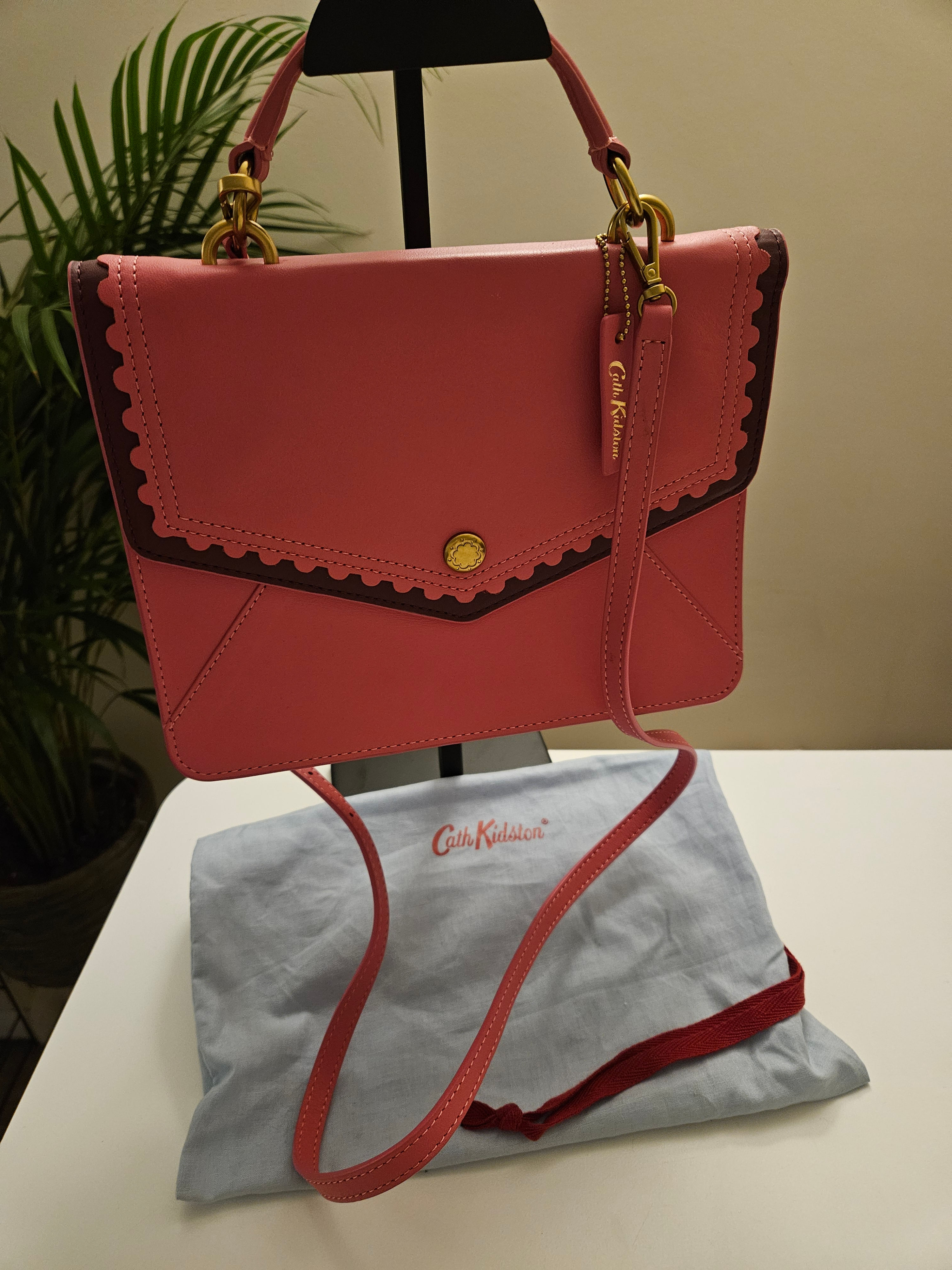 Cath Kidston Pink Leather Satchel Crossbody Bag Scalloped Trim Gold Hardware