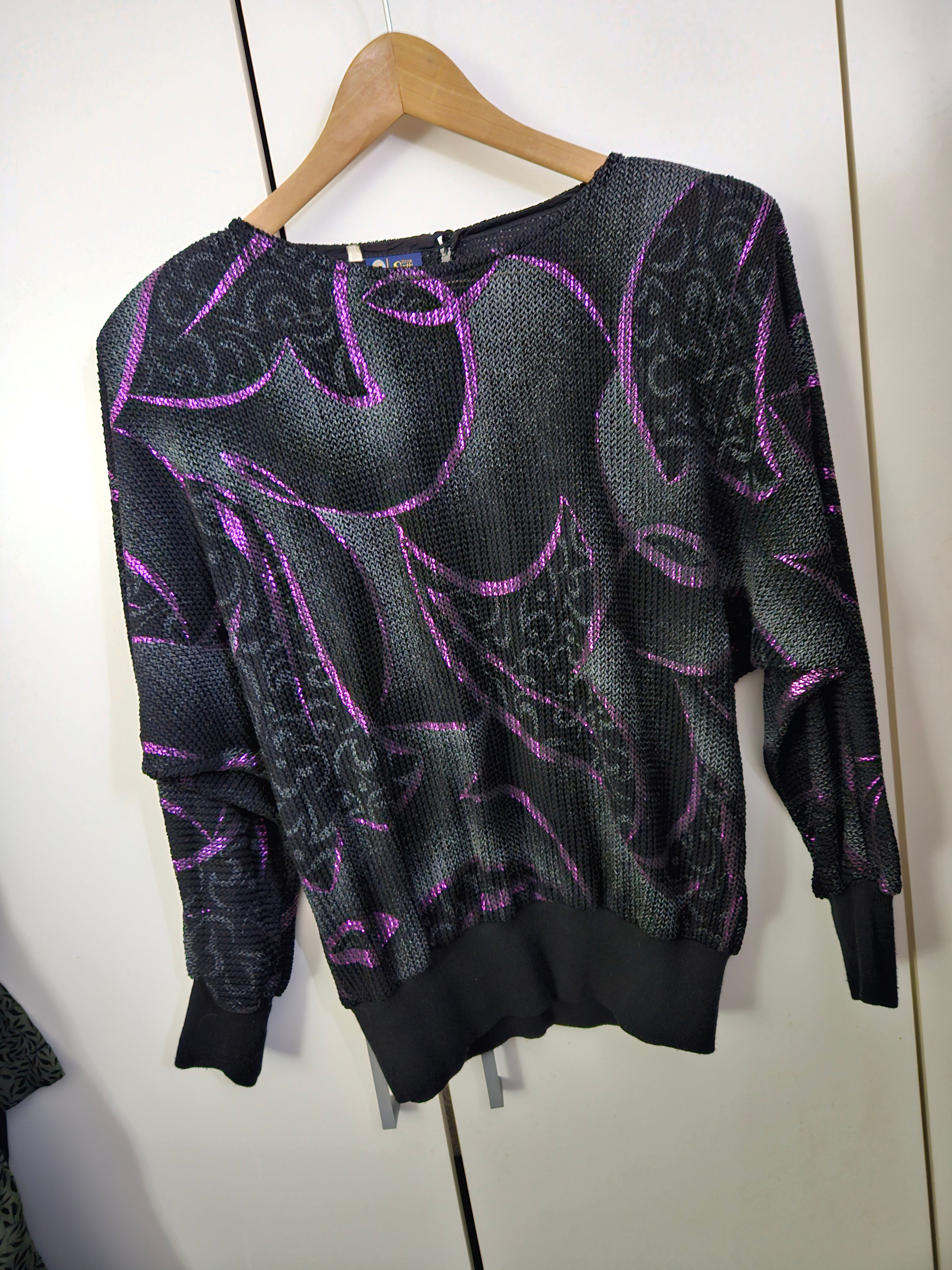 Vintage 90s Your Sixth Sense Black Purple Metallic Swirl Blouson Top Batwing Pad