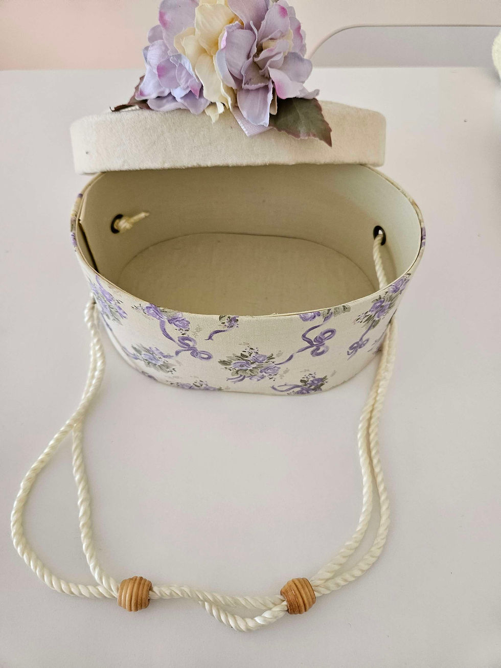 Thumbnail: Vintage Decorative Gift Box Floral Lemon & Lavender Round Keepsake Box Faux Flow