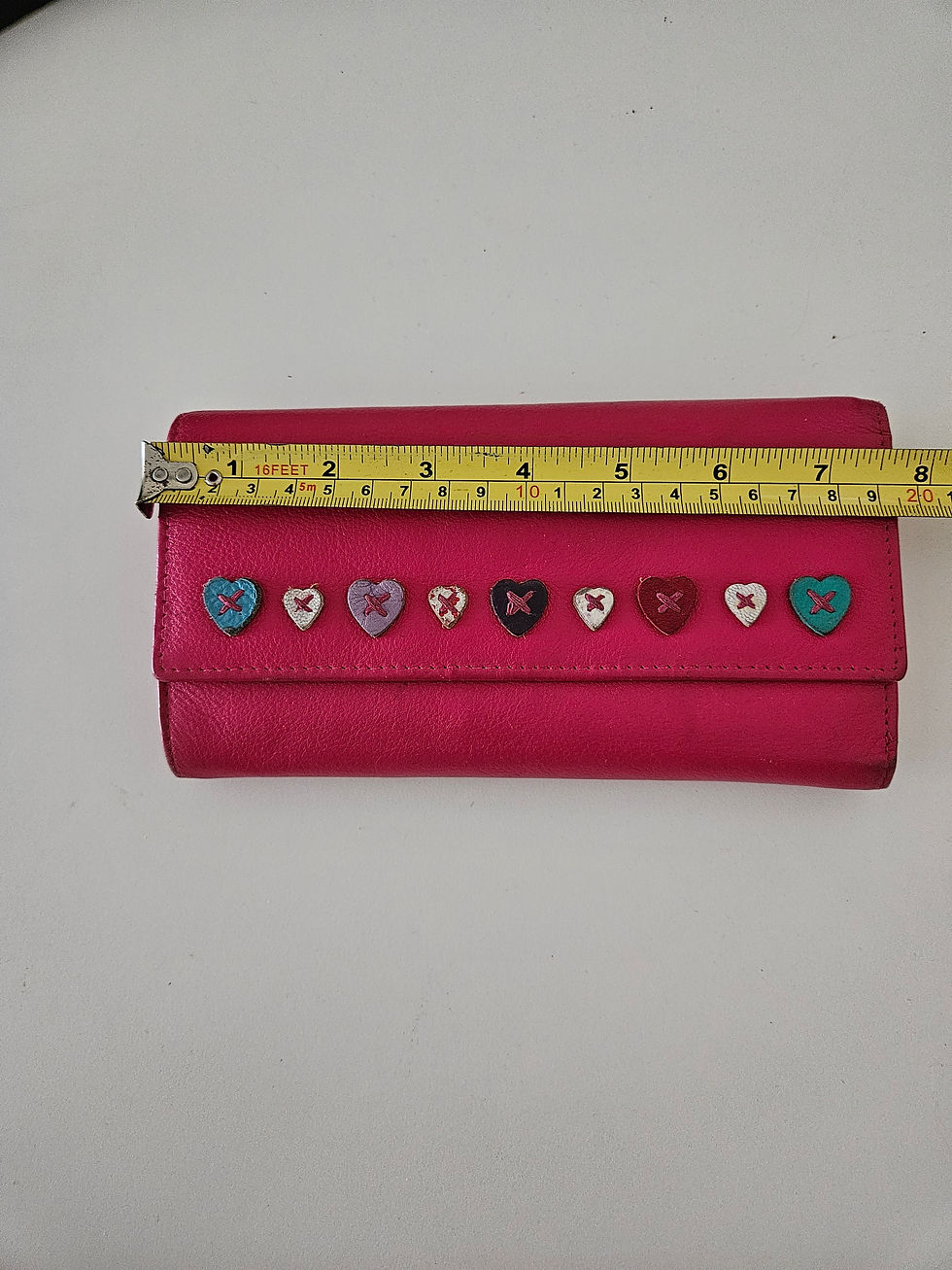 Thumbnail: Genuine leather Mala purse in bright pink with stitched multi-colour heart detai