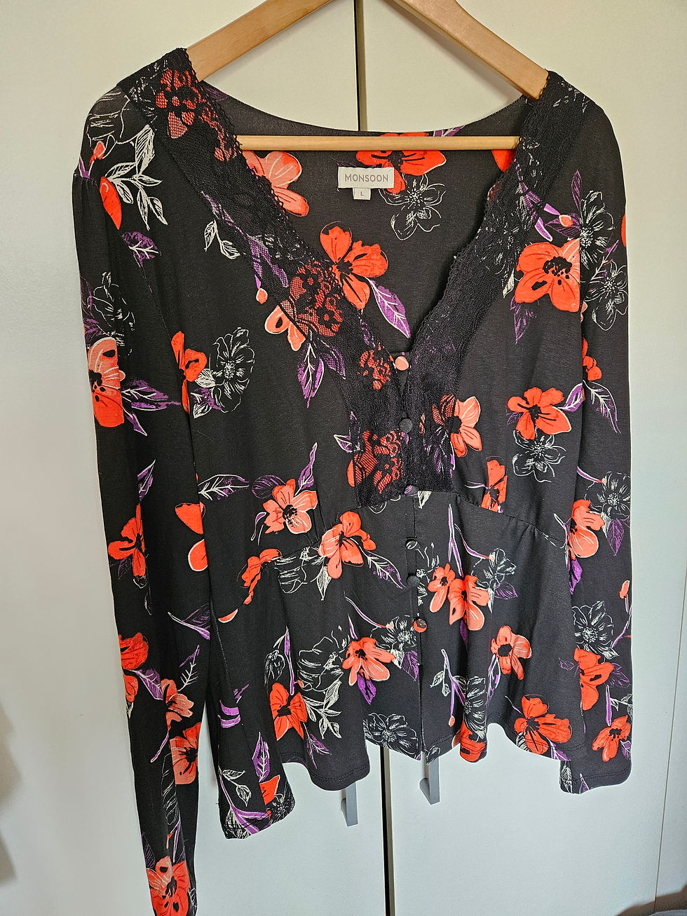 Thumbnail: Monsoon Long Sleeve Blouse Lace detailing UK Size L 16/18
