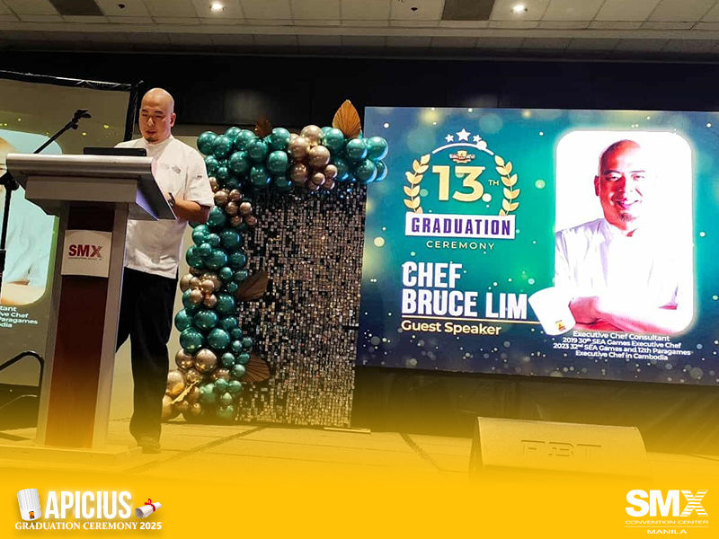 Chef Bruce Lim giving keynote speech at Apicius Culinary Arts 13th Graduation Ceremony 2025 in Manila