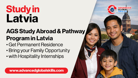 Filipino family and hospitality student promoting Study in Latvia with AGS Philippines, highlighting permanent residence pathway, family opportunity, and internships in Europe.