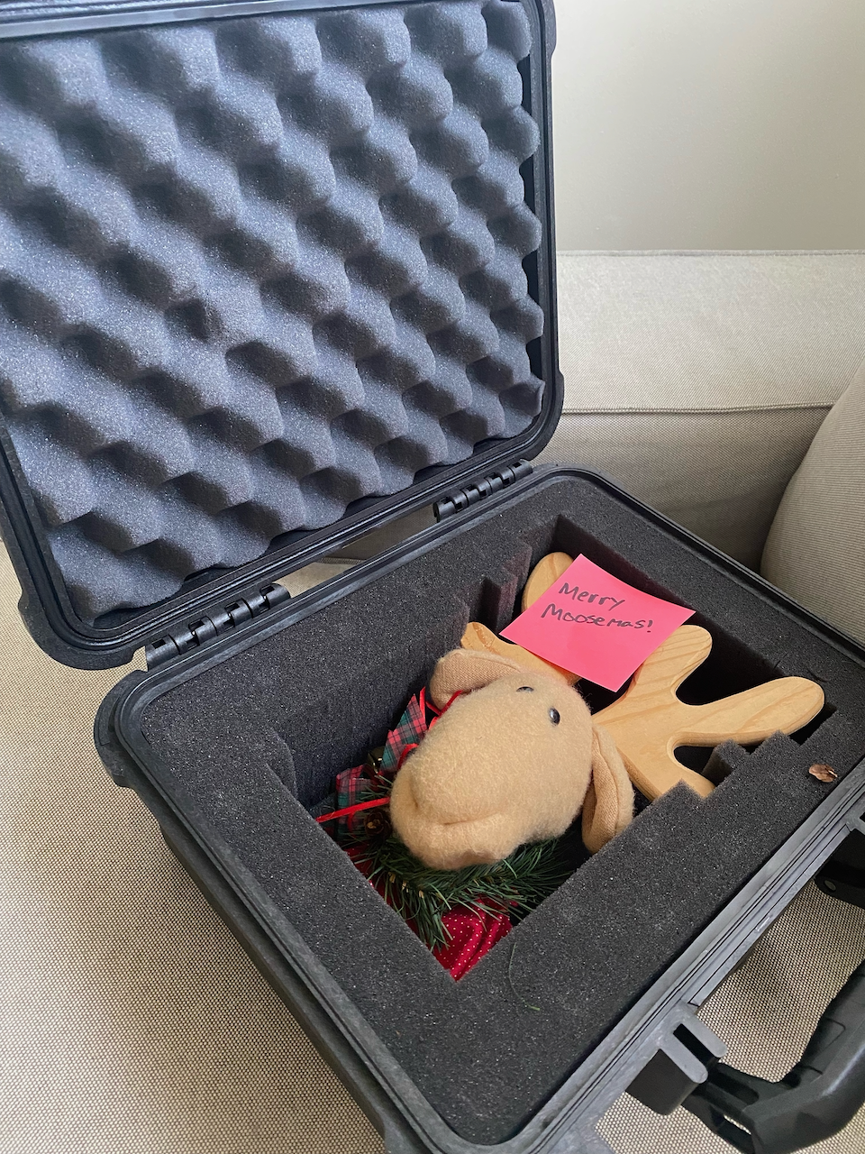 Curtis made a custom Pelican Case to securely transport the Christmas Moose