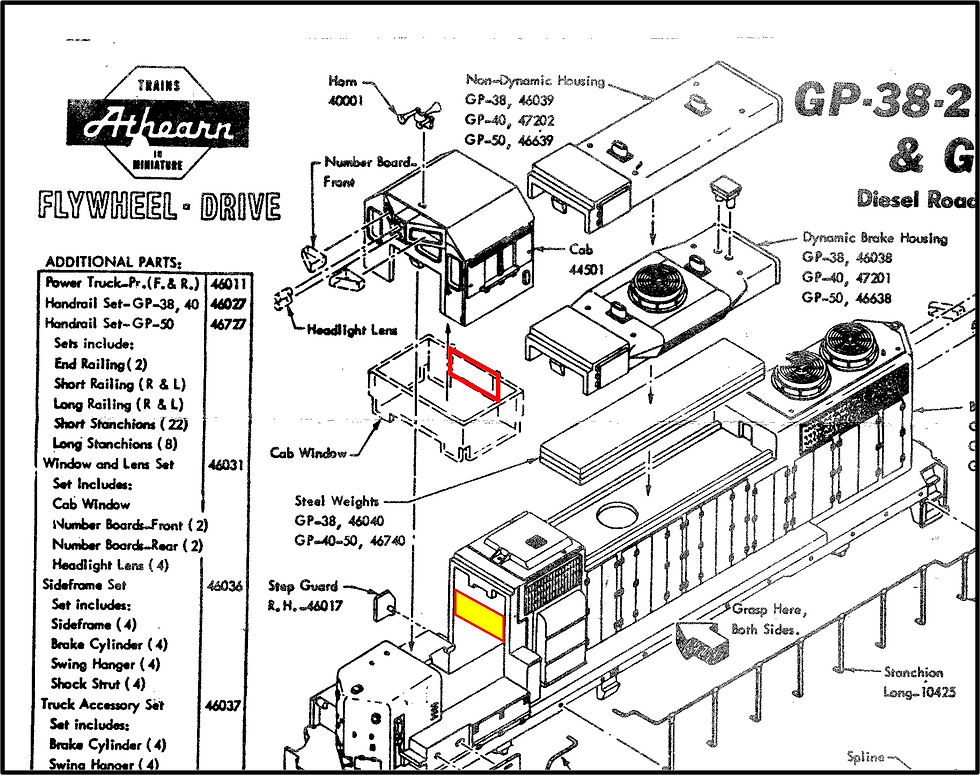 16. Exploded view of the Athearn GP38-2 locomotive shell.